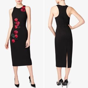 Betsey Johnson Midi Dress Elegant Black Floral Rose Appliqué 2